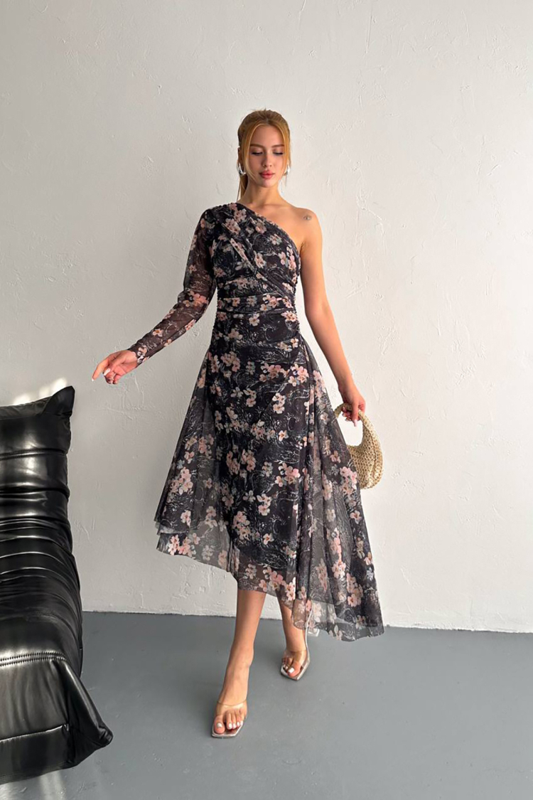 Patterned Asymmetric Tulle Dress - Mode Roy - Globality Store - Women Clothes Wholesale Turkey
