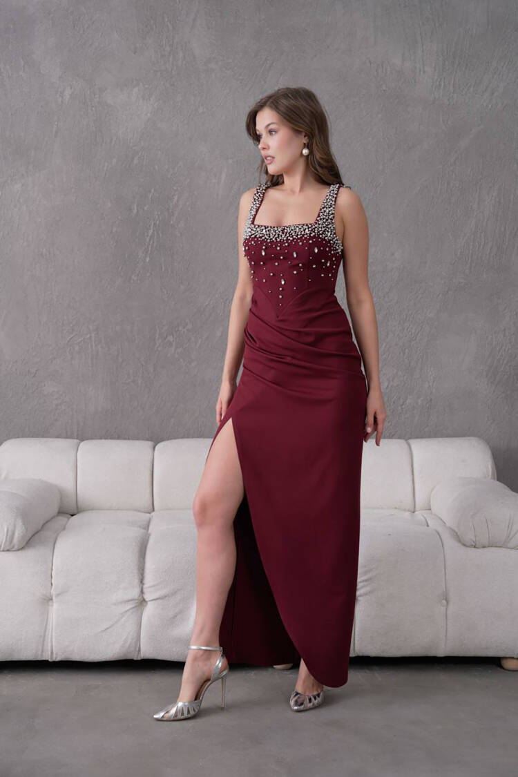 Stone Detailed Strappy Long Evening Dress - Burgundy