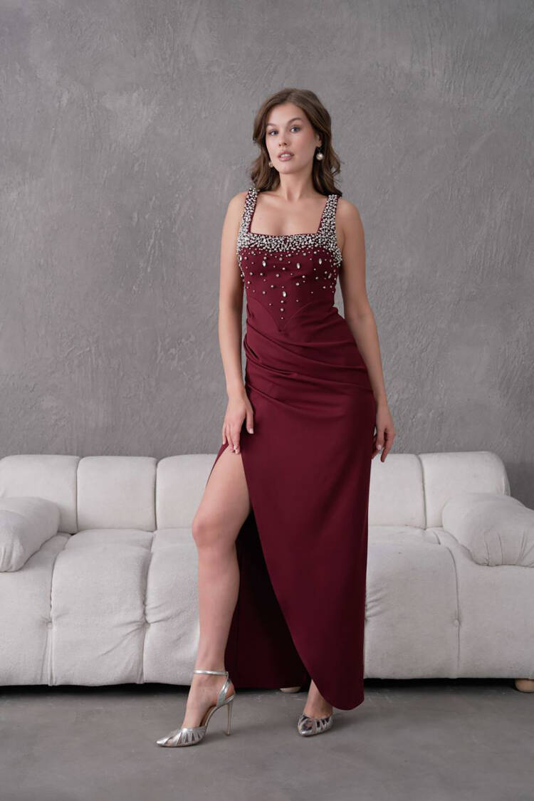 Stone Detailed Strappy Long Evening Dress - Burgundy - Mode Roy - Globality Store - Women Clothes Wholesale Turkey