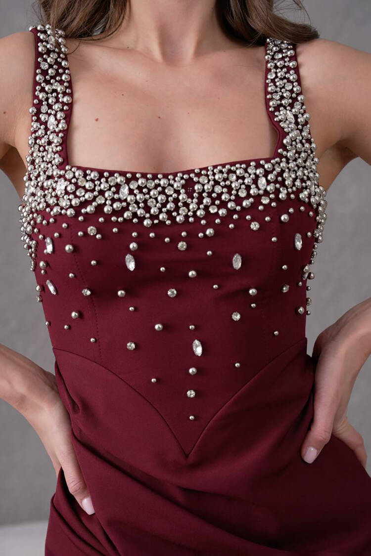 Stone Detailed Strappy Long Evening Dress - Burgundy