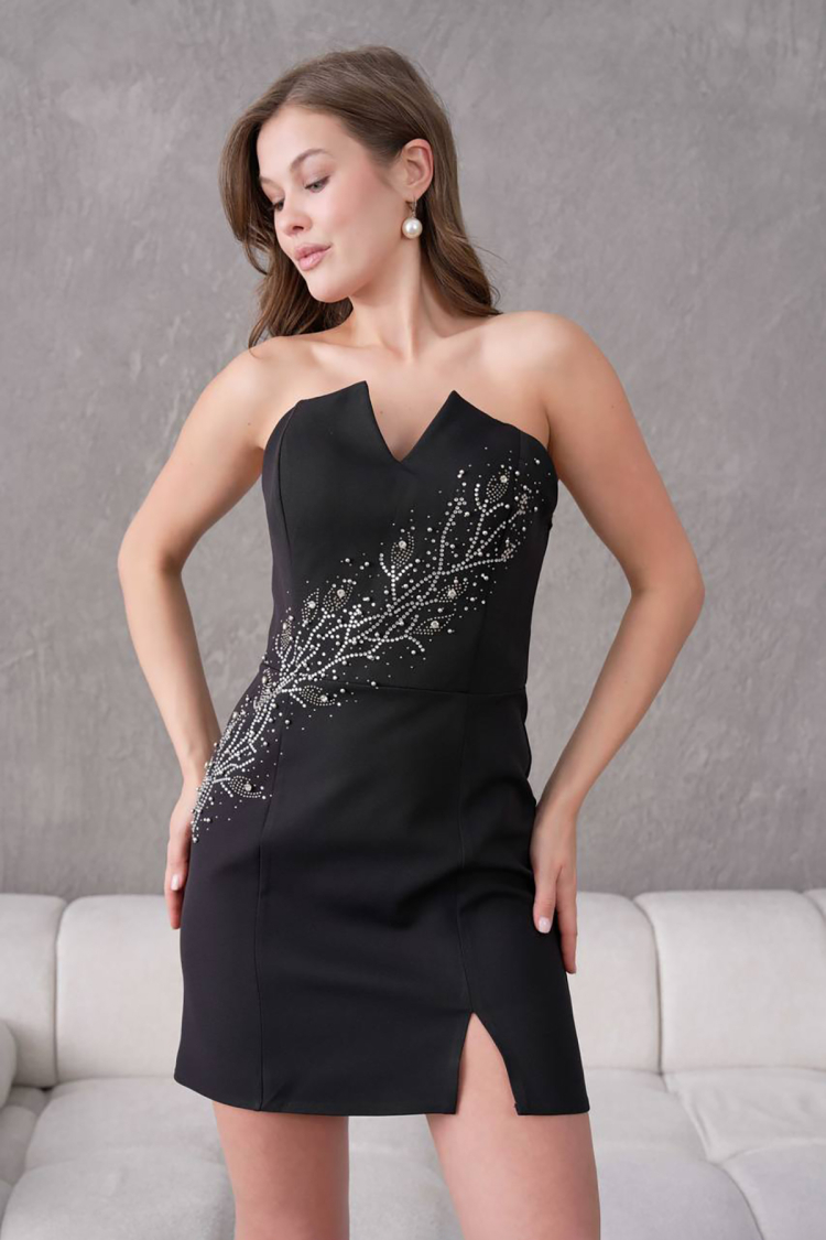 Stone Detailed Strapless Mini Evening Dress