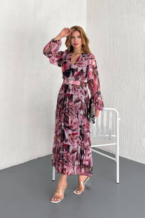 Floral Print Chiffon Dress With Belt - Mode Roy - Globality Store - Women Clothes Wholesale Turkey