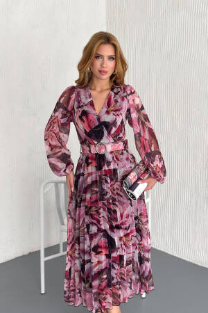 Floral Print Chiffon Dress With Belt - Mode Roy - Globality Store - Women Clothes Wholesale Turkey