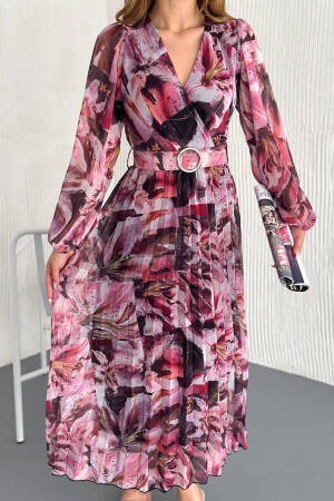 Floral Print Chiffon Dress With Belt - Mode Roy - Globality Store - Women Clothes Wholesale Turkey