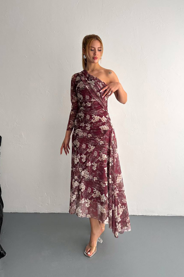 Patterned Asymmetric Tulle Dress - Burgundy