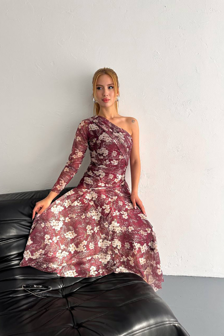 Patterned Asymmetric Tulle Dress - Burgundy