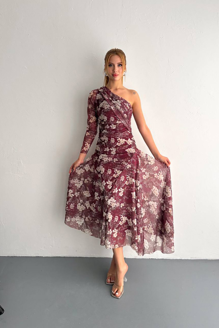 Patterned Asymmetric Tulle Dress - Burgundy - Mode Roy - Globality Store - Women Clothes Wholesale Turkey