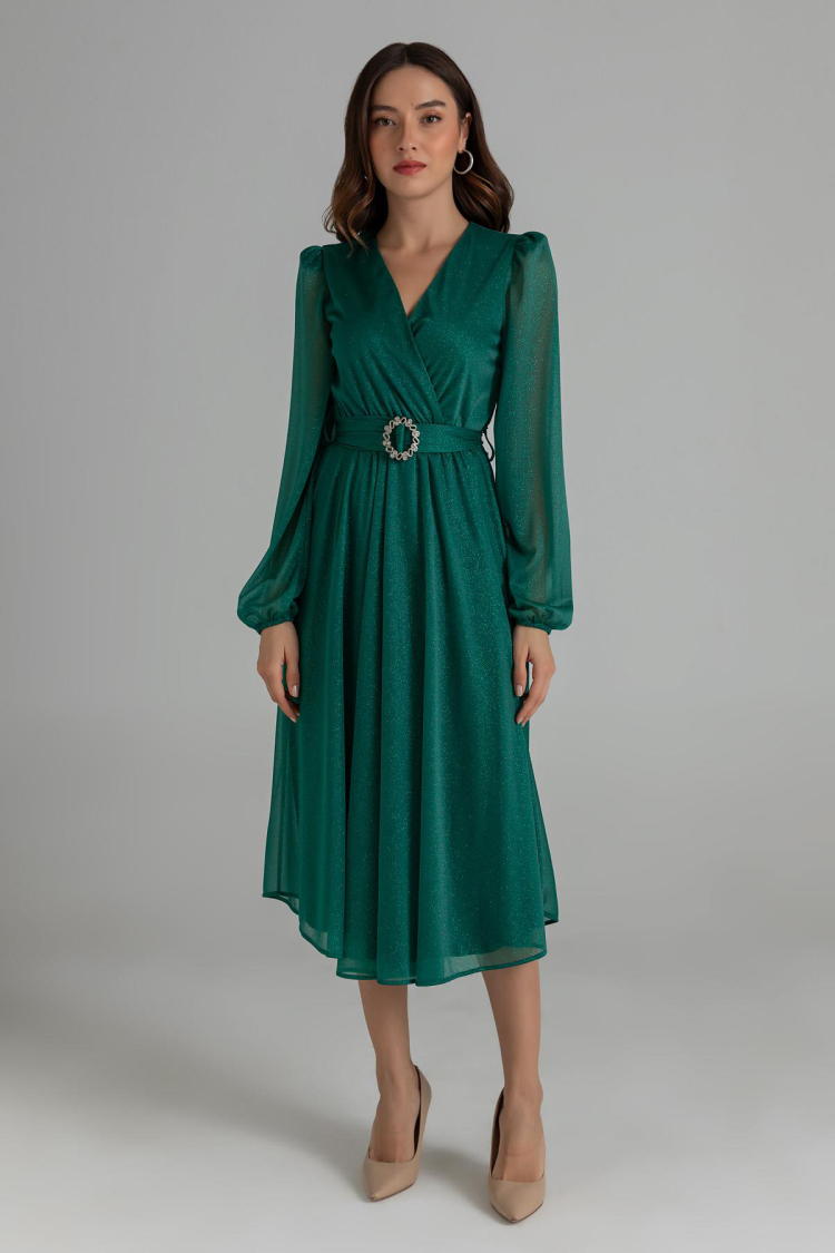 Belted Double Collar Silvery Evening Dress - Mode Roy - Globality Store - Women Clothes Wholesale Turkey