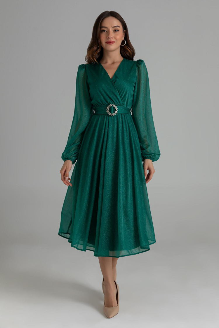 Belted Double Collar Silvery Evening Dress