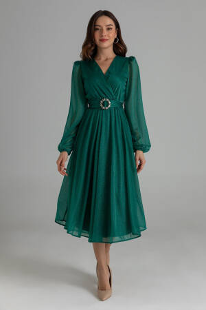 Belted Double Collar Silvery Evening Dress - Mode Roy - Globality Store - Women Clothes Wholesale Turkey