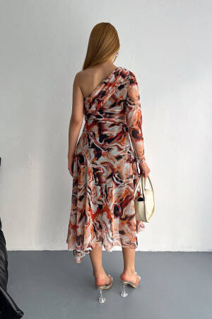 One Shoulder Asymmetric Pattern Dress - Multicolor - Mode Roy - Globality Store - Women Clothes Wholesale Turkey