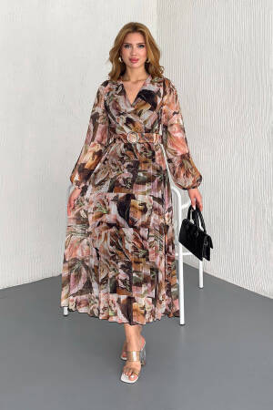 Floral Print Chiffon Dress With Belt - Mode Roy - Globality Store - Women Clothes Wholesale Turkey