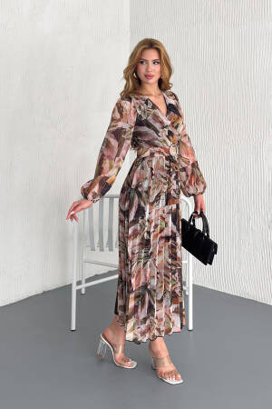 Floral Print Chiffon Dress With Belt - Mode Roy - Globality Store - Women Clothes Wholesale Turkey