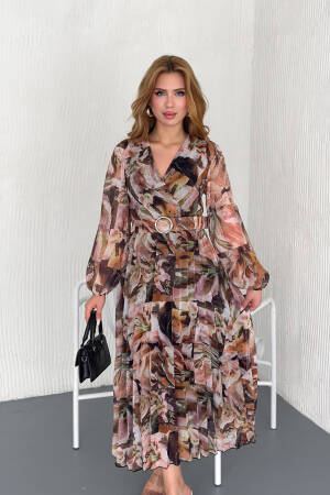 Floral Print Chiffon Dress With Belt - Mode Roy - Globality Store - Women Clothes Wholesale Turkey