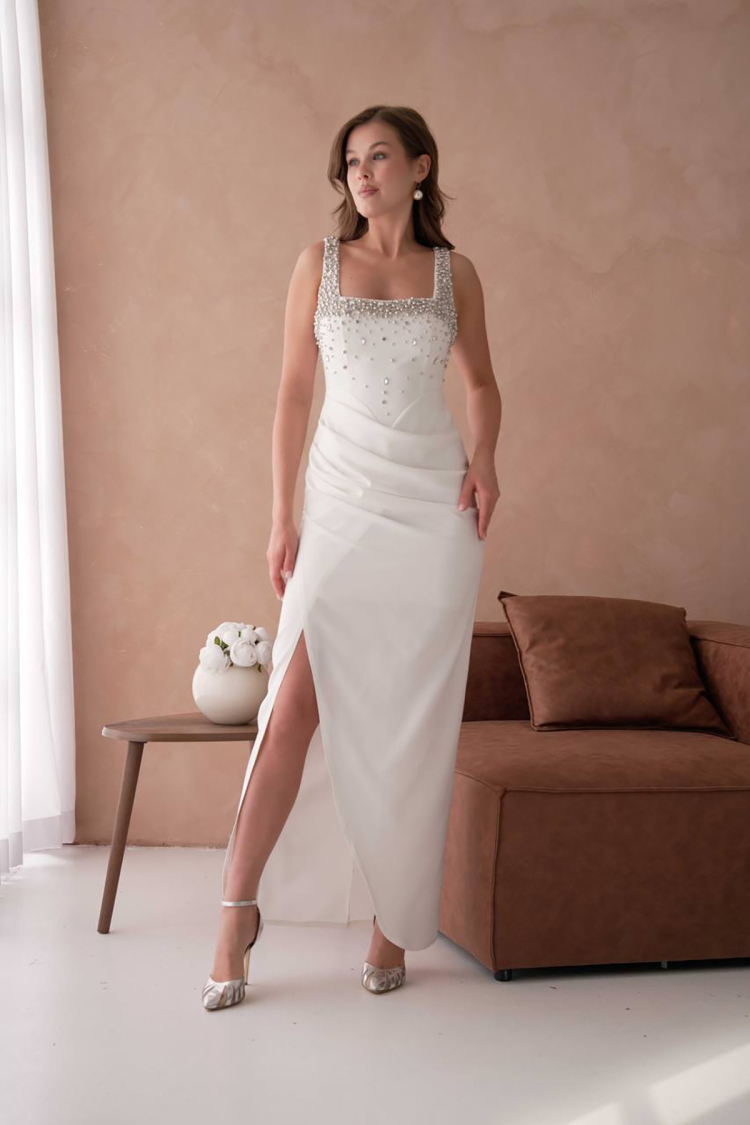 Stone Detailed Strappy Long Evening Dress - Mode Roy - Globality Store - Women Clothes Wholesale Turkey