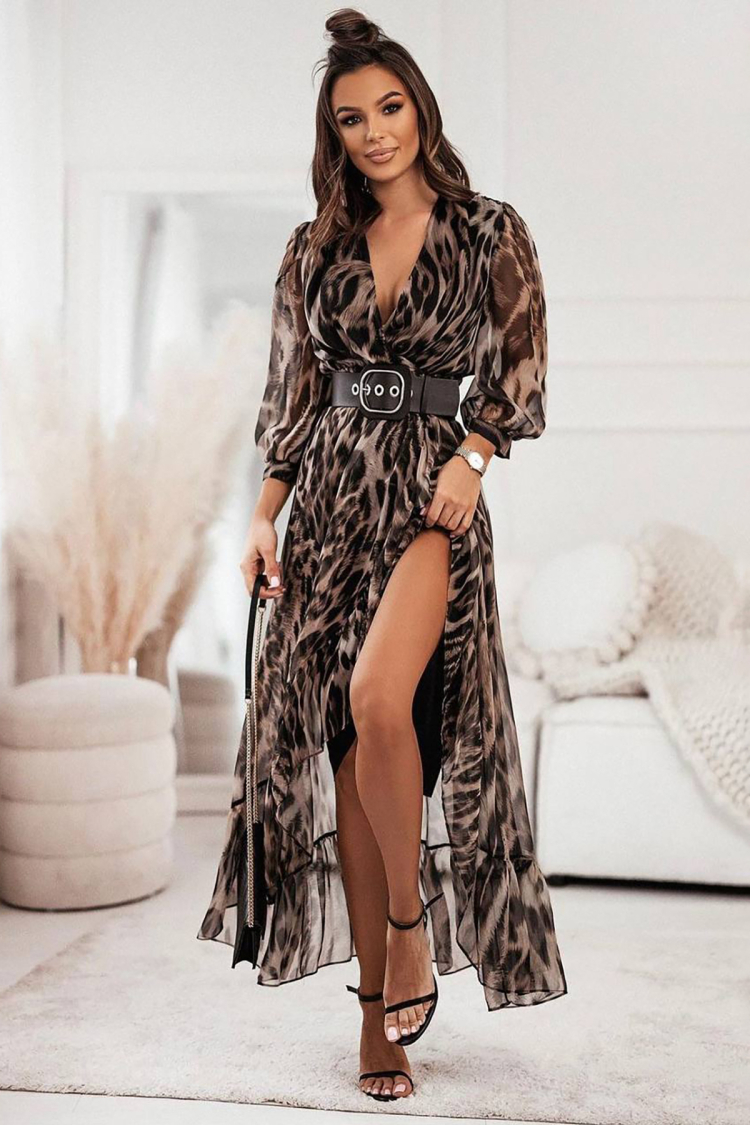 Leopard Print Long Dress With Belt - Brown