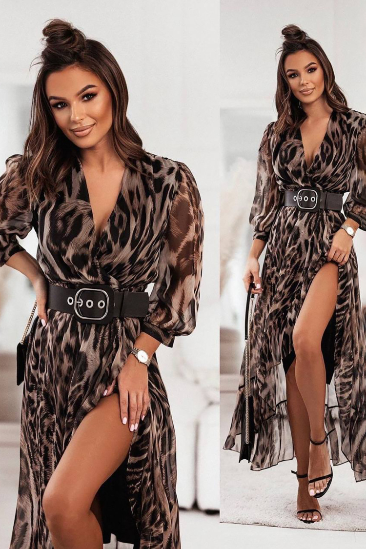 Leopard Print Long Dress With Belt - Brown