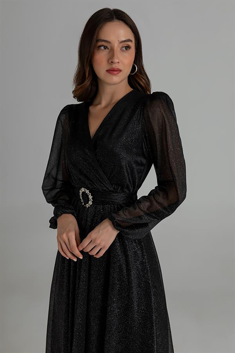 Belted Double Collar Silvery Evening Dress