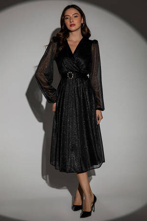 Belted Double Collar Silvery Evening Dress - Mode Roy - Globality Store - Women Clothes Wholesale Turkey
