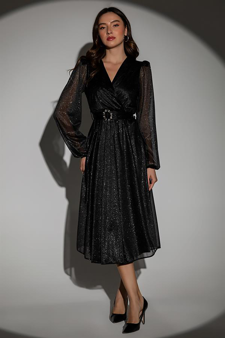 Belted Double Collar Silvery Evening Dress - Mode Roy - Globality Store - Women Clothes Wholesale Turkey