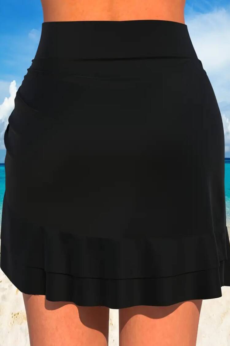 Women's High Waist Side Drawstring Ruffle Short Sandy Skirt - Black