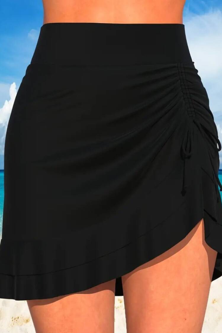 Women's High Waist Side Drawstring Ruffle Short Sandy Skirt - Black - Janes - Globality Store - Women Clothes Wholesale Turkey