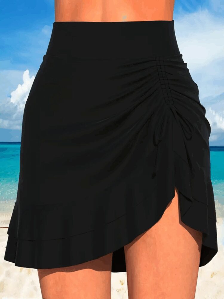 Women's High Waist Side Drawstring Ruffle Short Sandy Skirt - Black