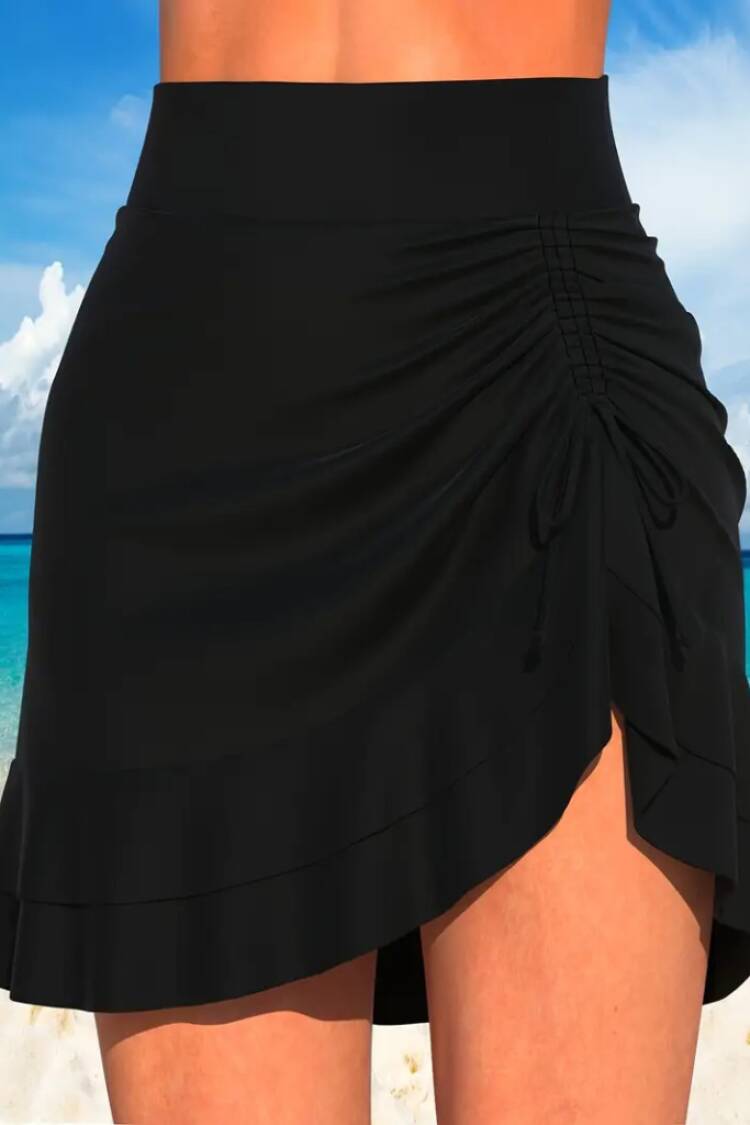 Women's High Waist Side Drawstring Ruffle Short Sandy Skirt - Black