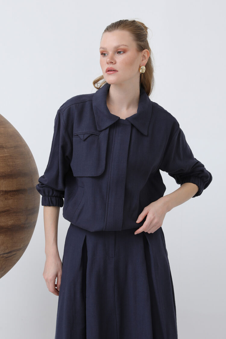Hidden Padded Zipper Skirt Suit - Navy