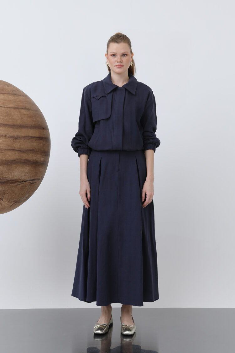 Hidden Padded Zipper Skirt Suit - Navy
