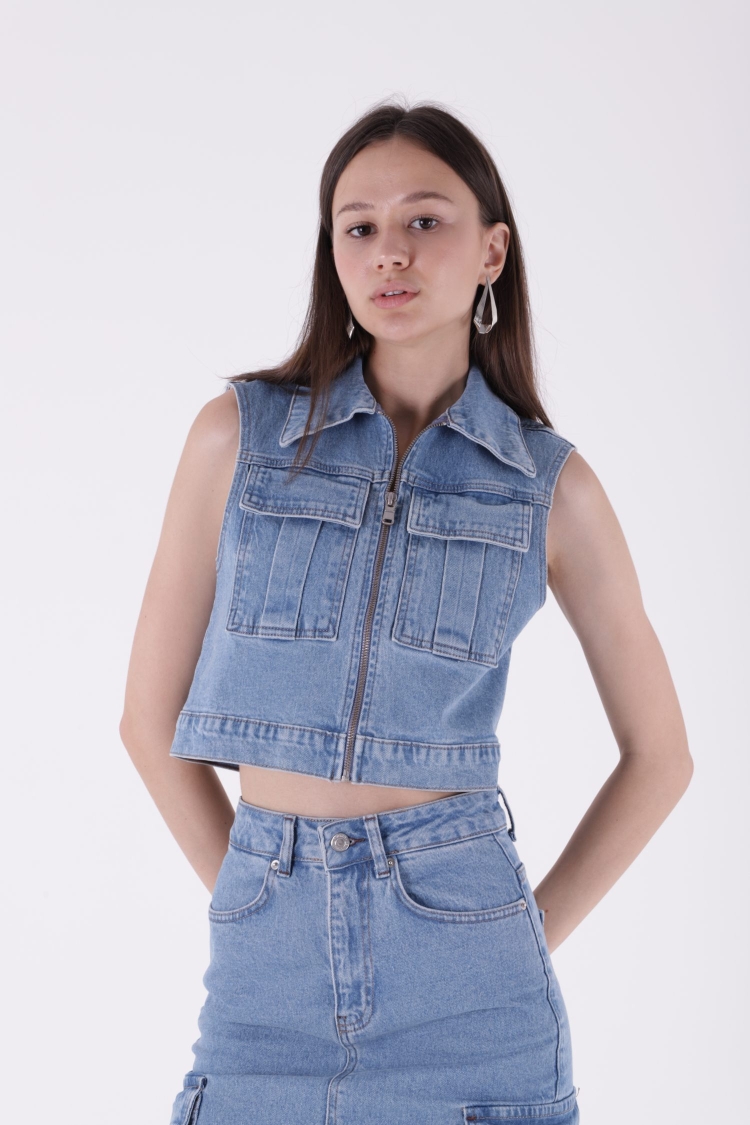 Mini Denim Vest With Zipper - XLove - Globality Store - Women Clothes Wholesale Turkey
