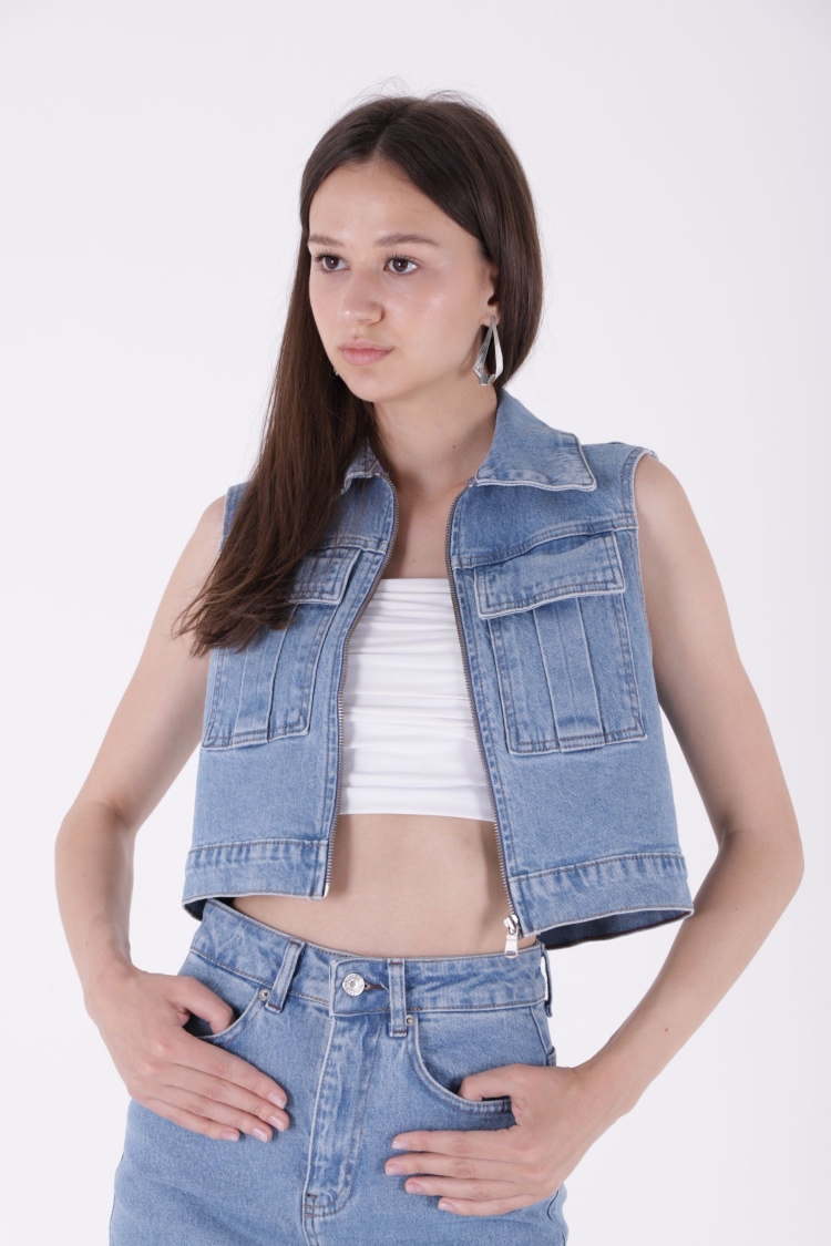 Mini Denim Vest With Zipper