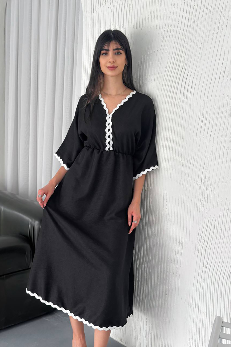 V-neck Midi Length Linen Dress