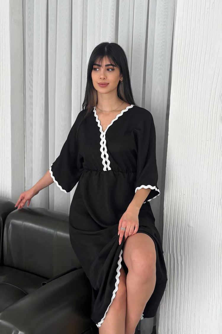 V-neck Midi Length Linen Dress - Mode Roy - Globality Store - Women Clothes Wholesale Turkey