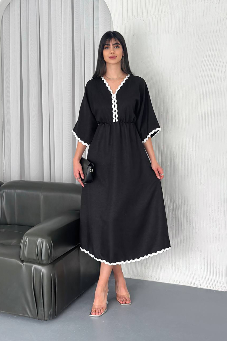 V-neck Midi Length Linen Dress