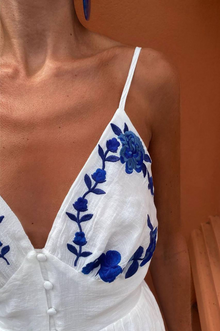 Long Linen Dress With Embroidery - White