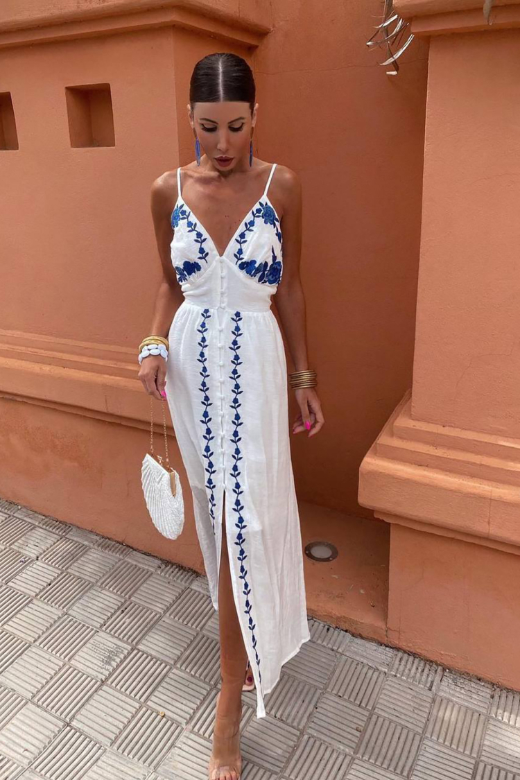 Long Linen Dress With Embroidery - White - Mode Roy - Globality Store - Women Clothes Wholesale Turkey