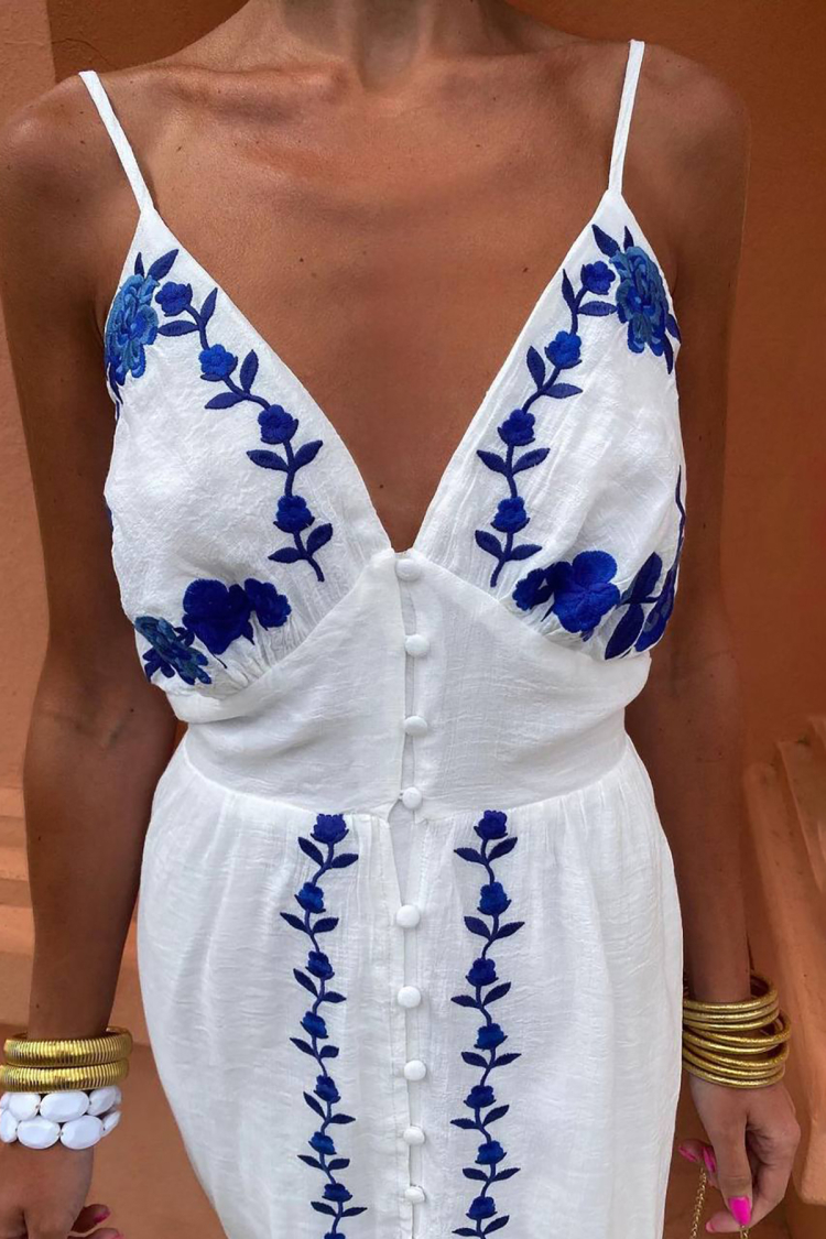 Long Linen Dress With Embroidery - White