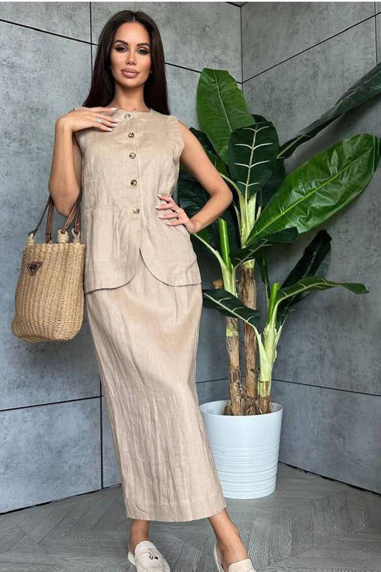 Linen Skirt Vest Bottom Double Set - Mode Roy - Globality Store - Women Clothes Wholesale Turkey