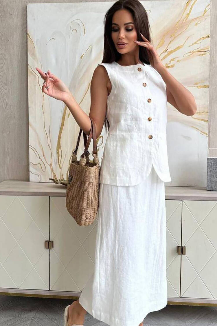 Linen Skirt Vest Bottom Top Double Suit - Mode Roy - Globality Store - Women Clothes Wholesale Turkey