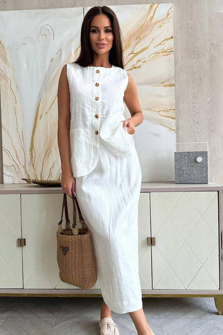 Linen Skirt Vest Bottom Top Double Suit