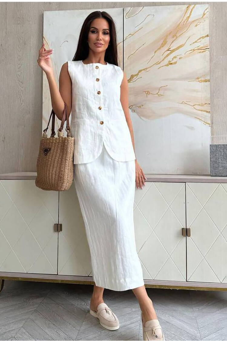 Linen Skirt Vest Bottom Top Double Suit