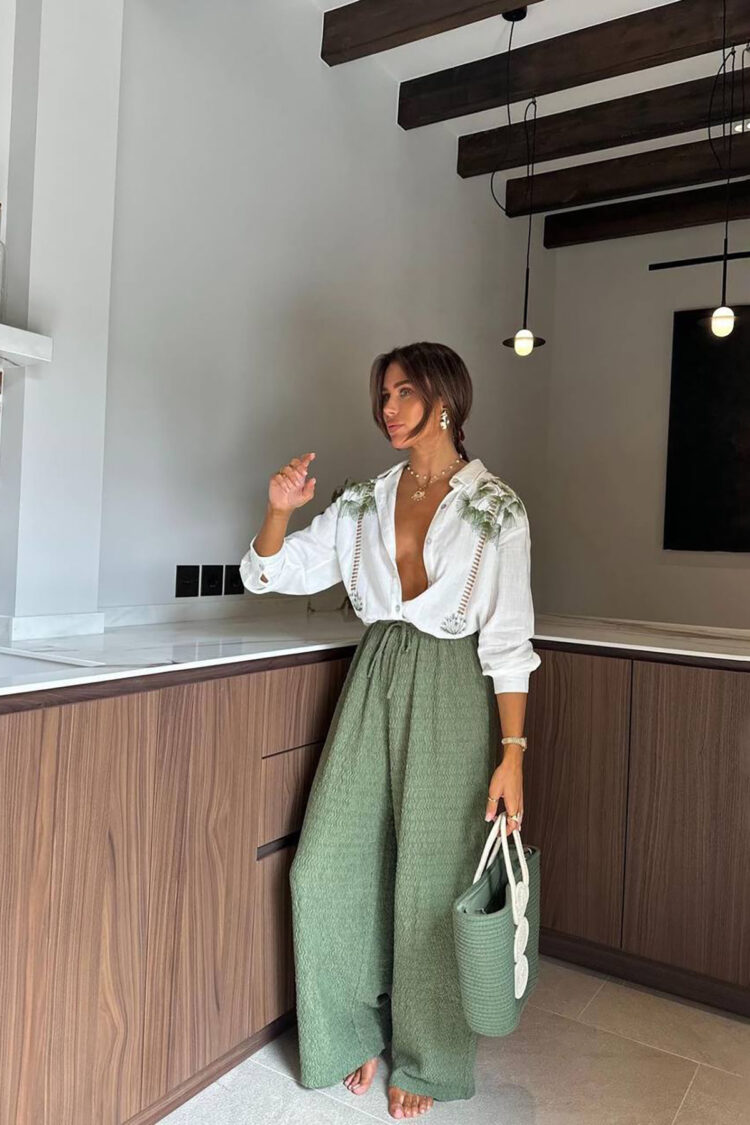Embroidery Detailed Shirt Pants Double Linen Suit - Green