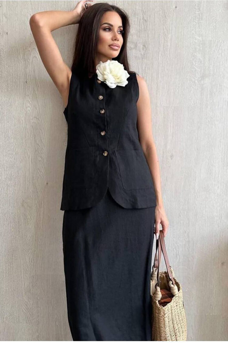 Linen Skirt Vest Bottom Double Set - Mode Roy - Globality Store - Women Clothes Wholesale Turkey