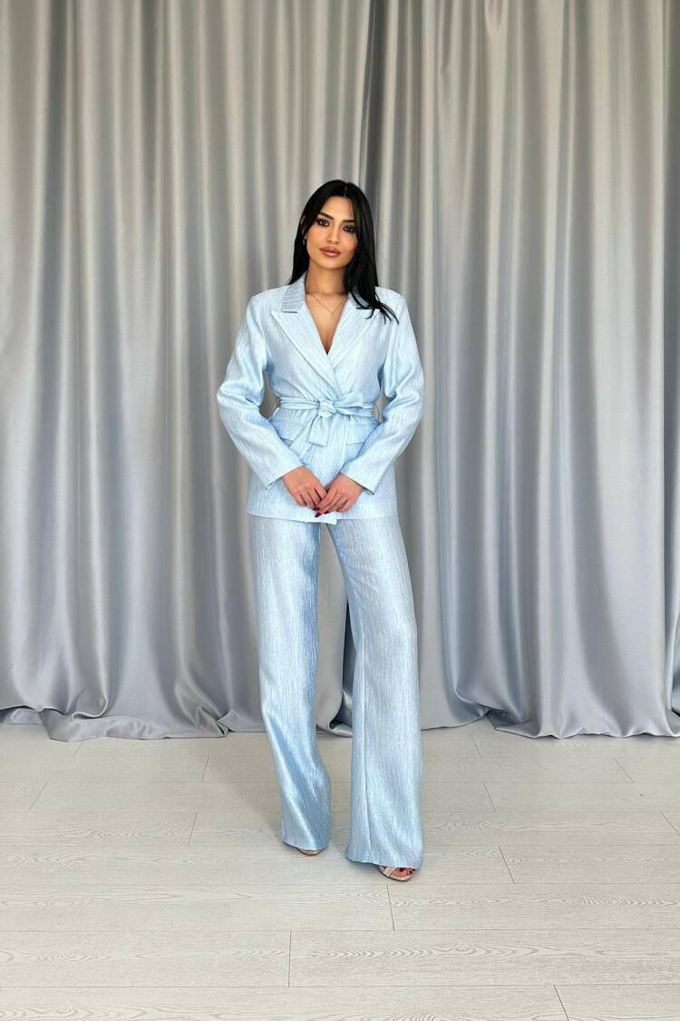 Waist Belt Jacket And Pants Shiny Suit