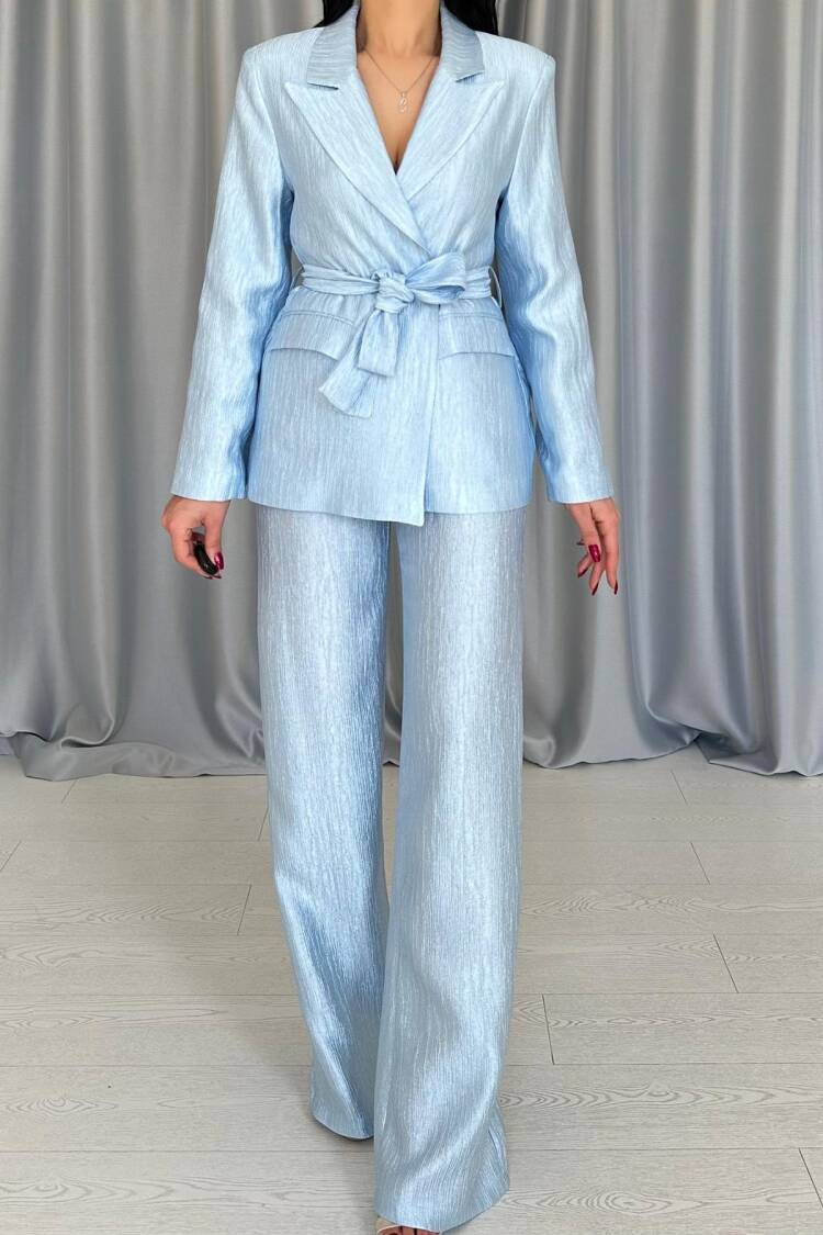 Waist Belt Jacket And Pants Shiny Suit