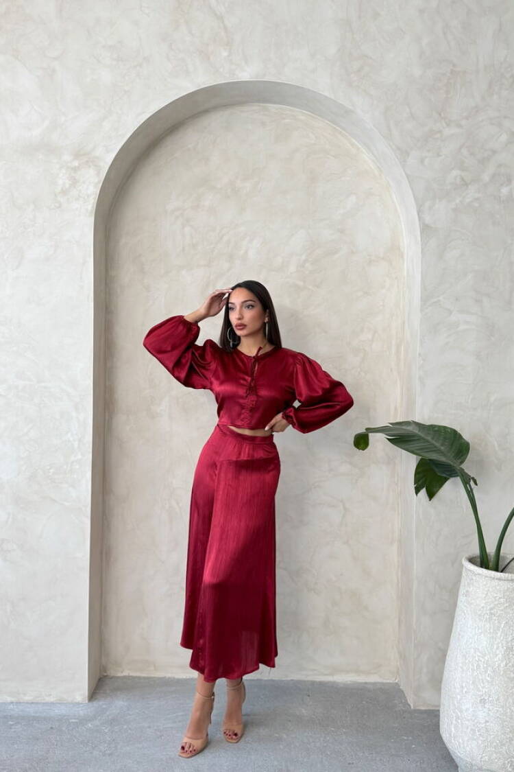 Satin Skirt With Lace - Burgundy
