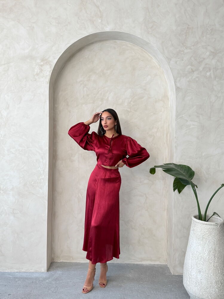 Satin Skirt With Lace - Burgundy