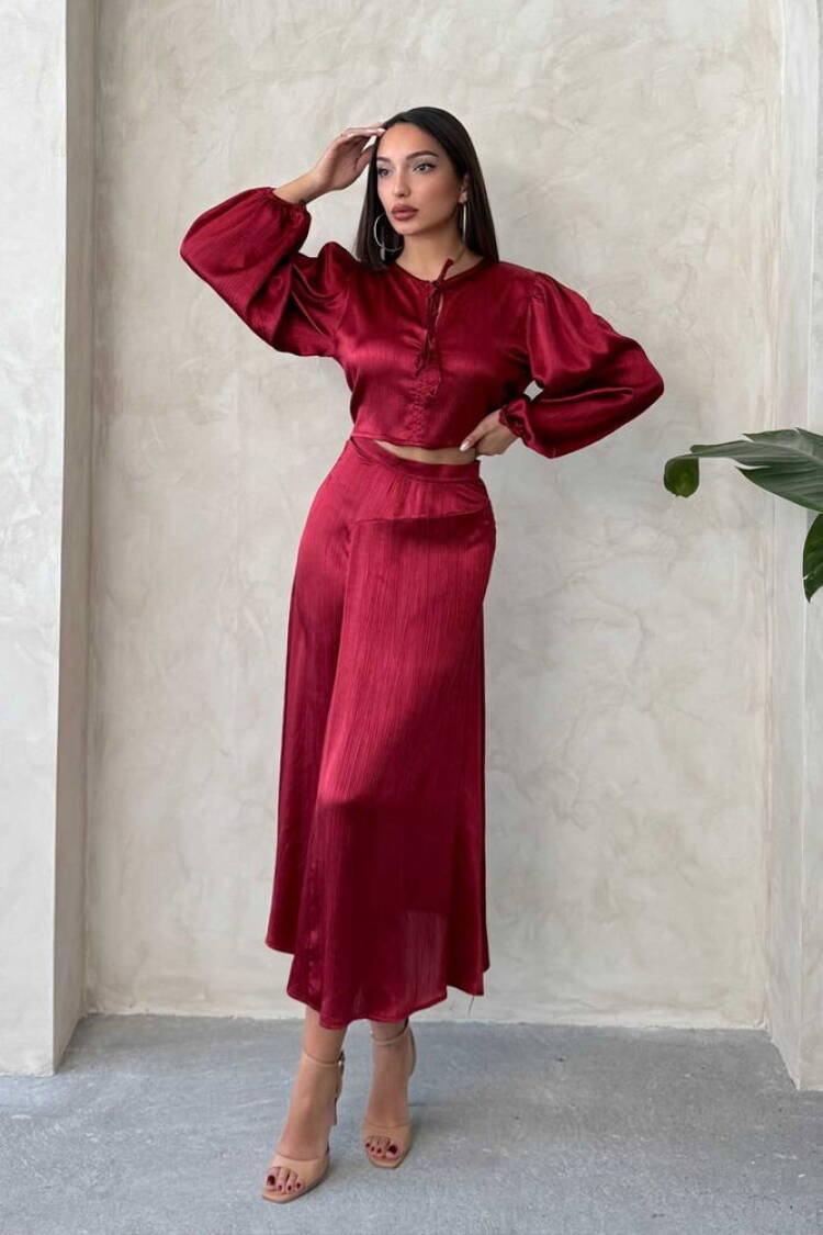 Satin Skirt With Lace - Burgundy - Topshow - Globality Store - Women Clothes Wholesale Turkey