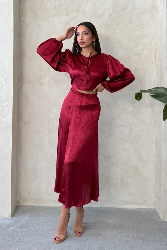 Satin Skirt With Lace - Burgundy - Topshow - Globality Store - Women Clothes Wholesale Turkey